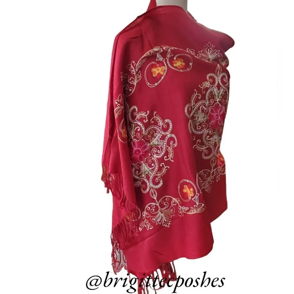 HANDMADE Embroidered Sequined Designed Deep Burgundy Shawl